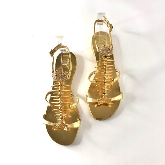 Giuseppe Zanotti Fishbone Gold Piranha Crystal Embellished Flat Sandals 37 - Picture 3 of 8